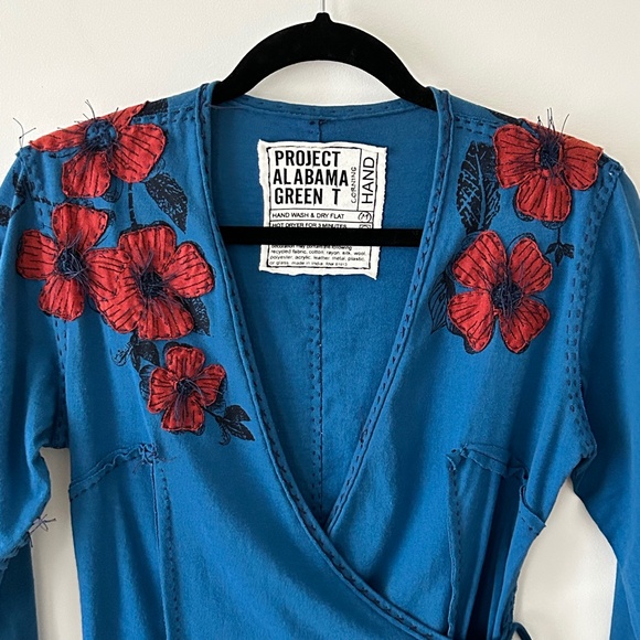 Anthropologie Project Alabama Green T Cotton Blue Floral Handmade Wrap Top - Picture 2 of 16